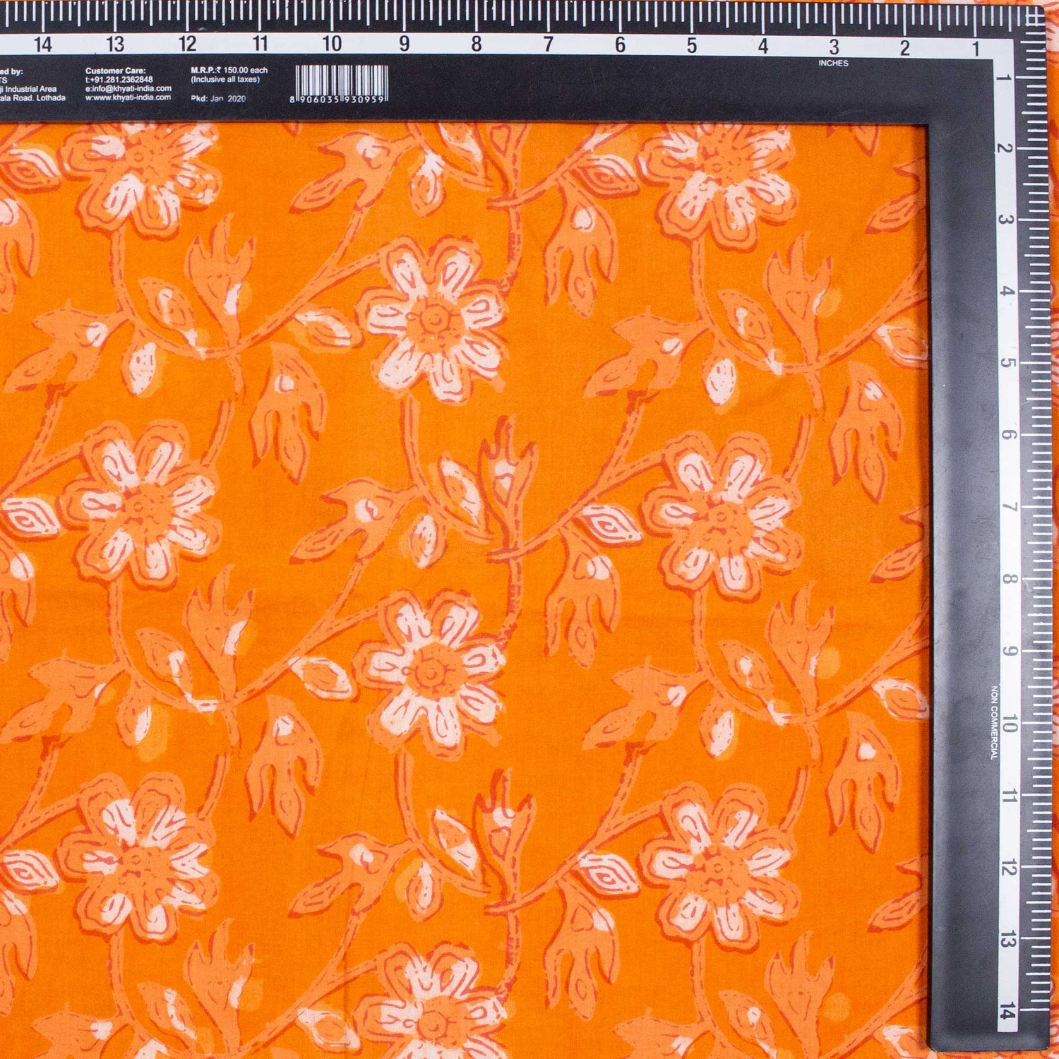 Orange Floral Hand Block Printed Dabu Fabric