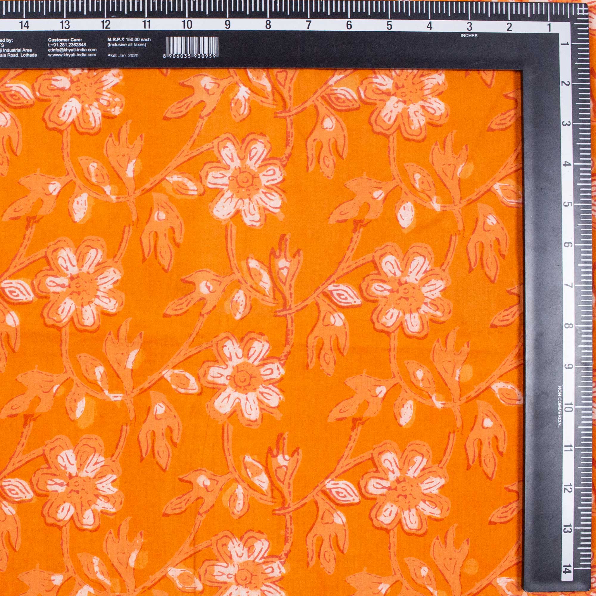 Orange Floral Hand Block Printed Dabu Fabric