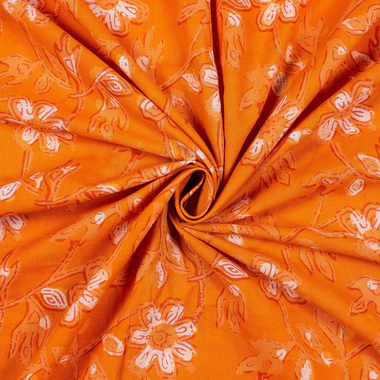Orange Floral Hand Block Printed Dabu Fabric