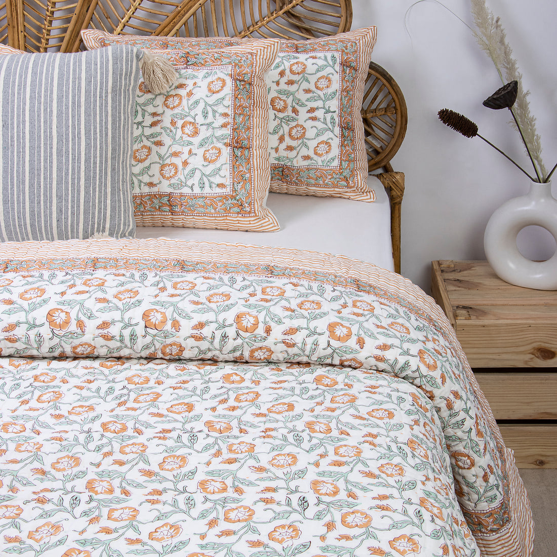 Orange Floral Reversible Handmade Cotton Kantha Quilt Blanket