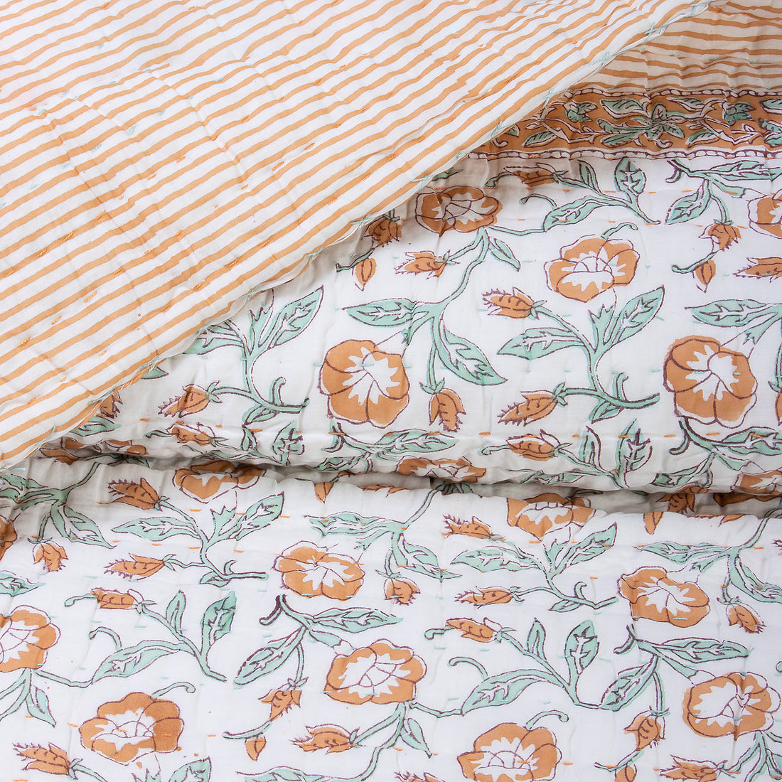Orange Floral Reversible Handmade Cotton Kantha Quilt Blanket