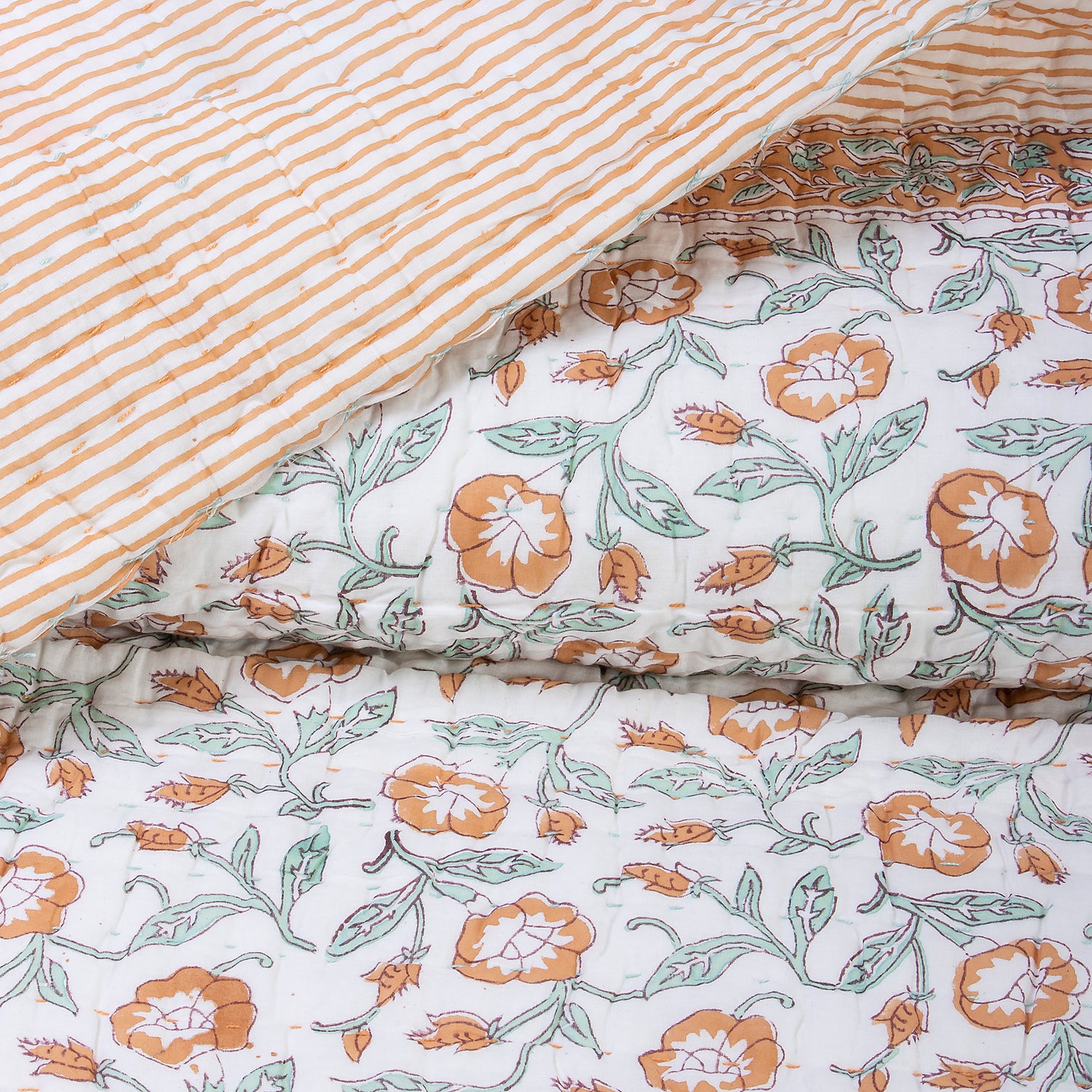 Orange Floral Reversible Handmade Cotton Kantha Quilt Blanket