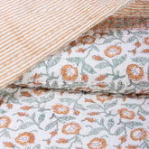 Orange Floral Reversible Handmade Cotton Kantha Quilt Blanket