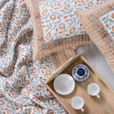 Orange Floral Reversible Handmade Cotton Kantha Quilt Blanket