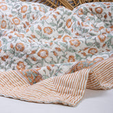 Orange Floral Reversible Handmade Cotton Kantha Quilt Blanket