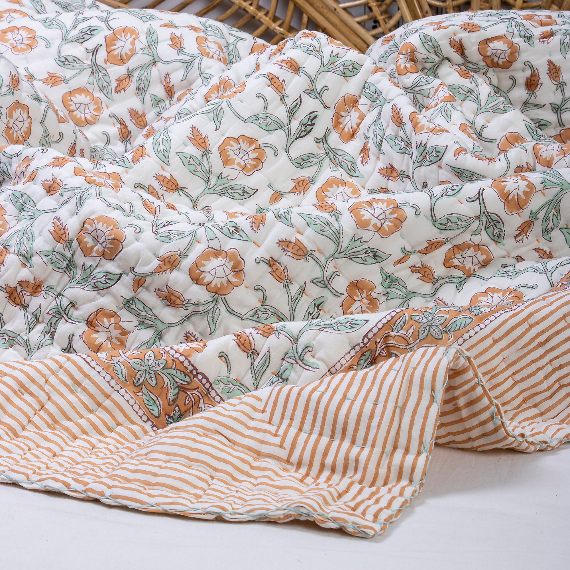 Orange Floral Reversible Handmade Cotton Kantha Quilt Blanket