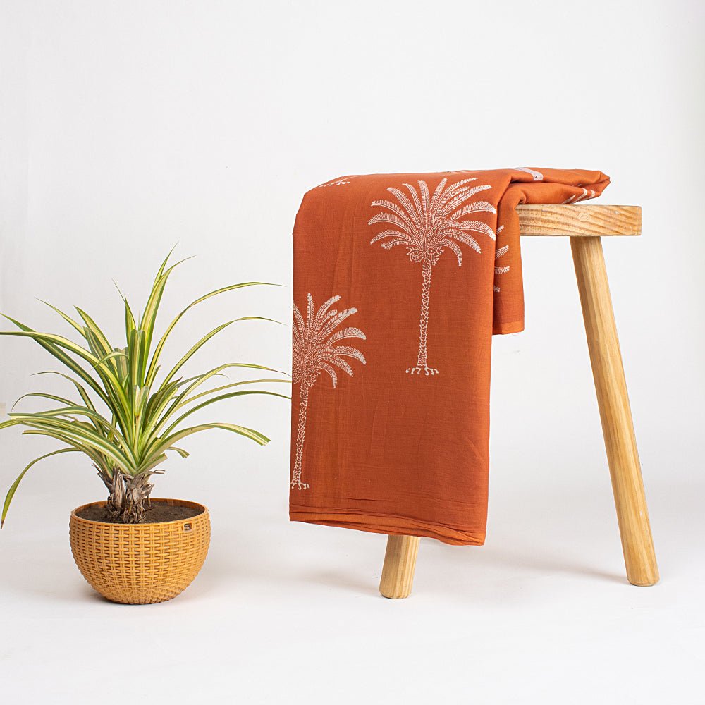 Orange Palm Tree Hand Block Printed Cotton Fabric