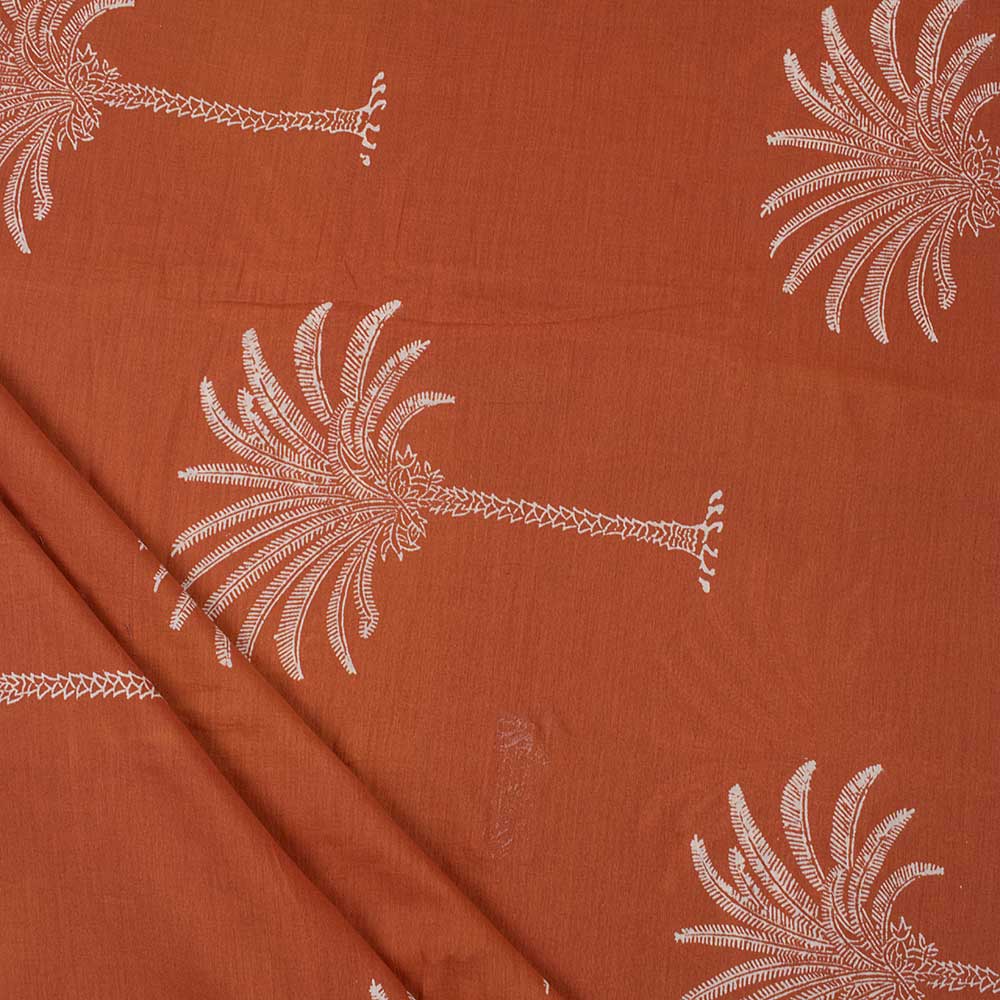 Orange Palm Tree Hand Block Printed Cotton Fabric