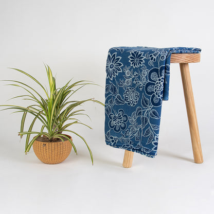 Organic Cotton Fabric Beautiful Indigo Blue Floral Printed Cloth