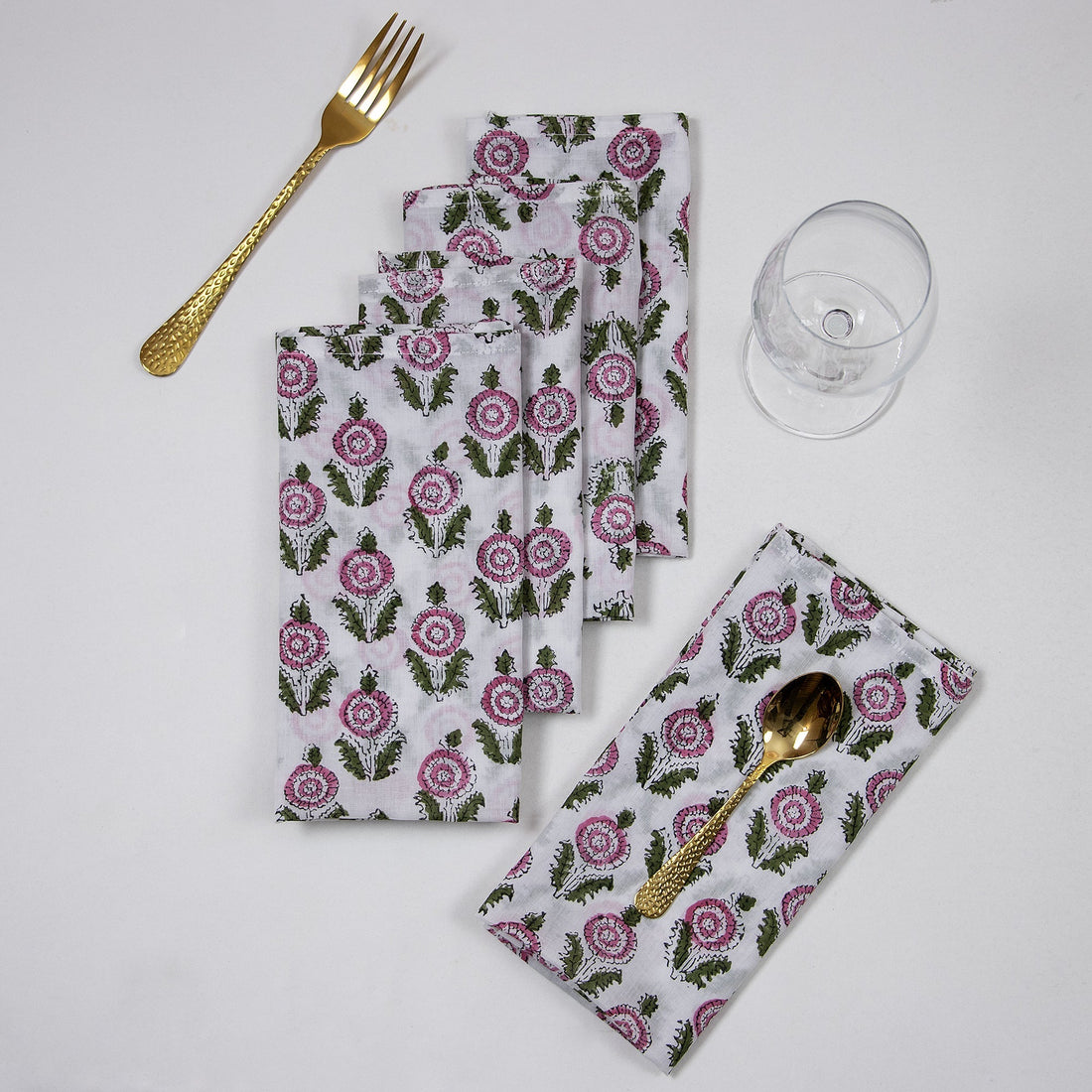 Organic Cotton Pink Floral Hand Block Printed Reusable Napkins