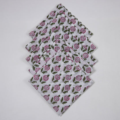 Organic Cotton Pink Floral Hand Block Printed Reusable Napkins