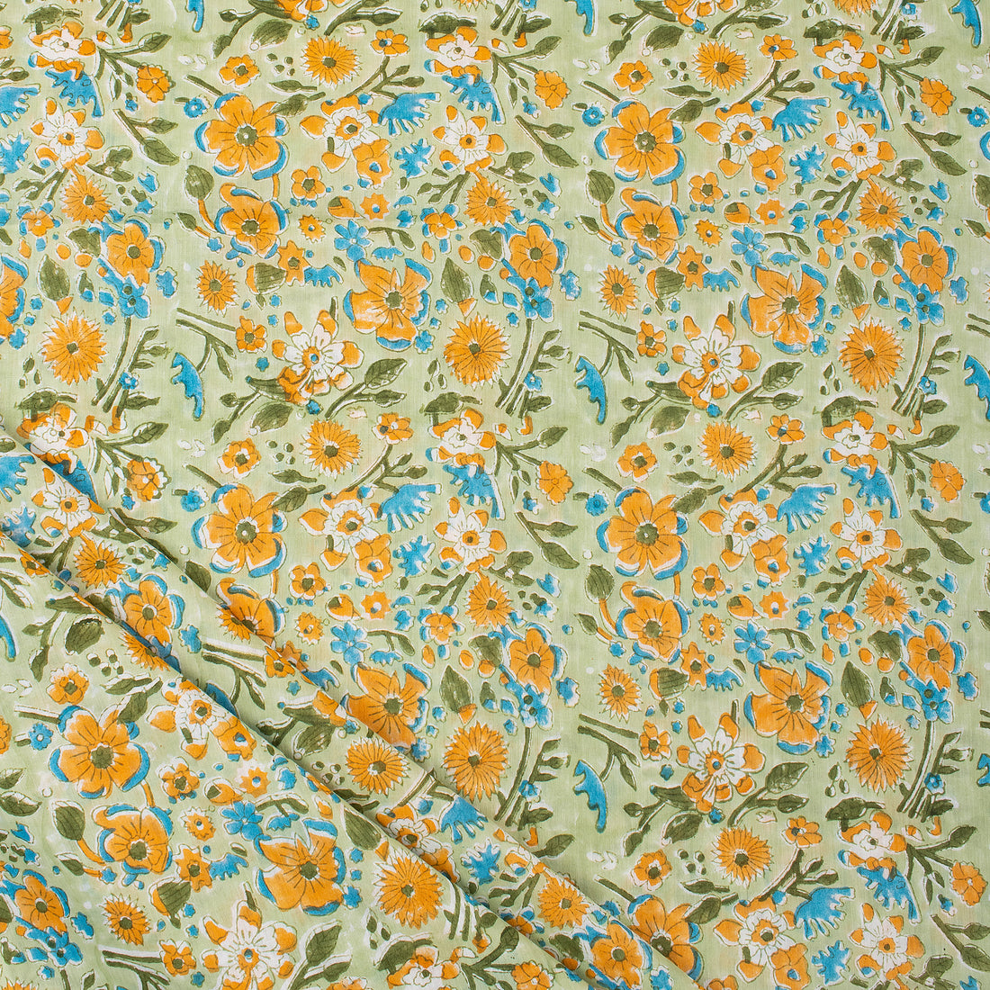 Organic Multi Floral Hand Block Printed Fabric By The Yard