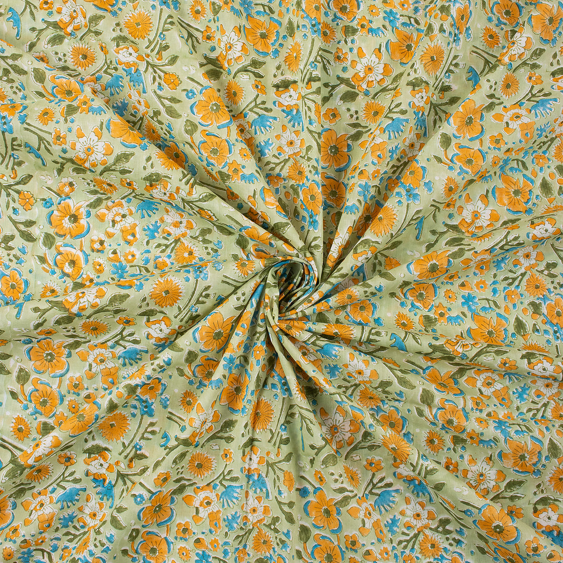 Organic Multi Floral Hand Block Printed Fabric By The Yard