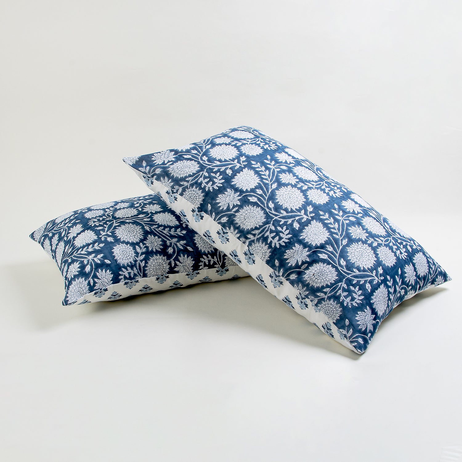 Modern Blue Floral Hand Block Printed Cotton Cushion Cover