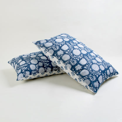 Modern Blue Floral Hand Block Printed Cotton Cushion Cover