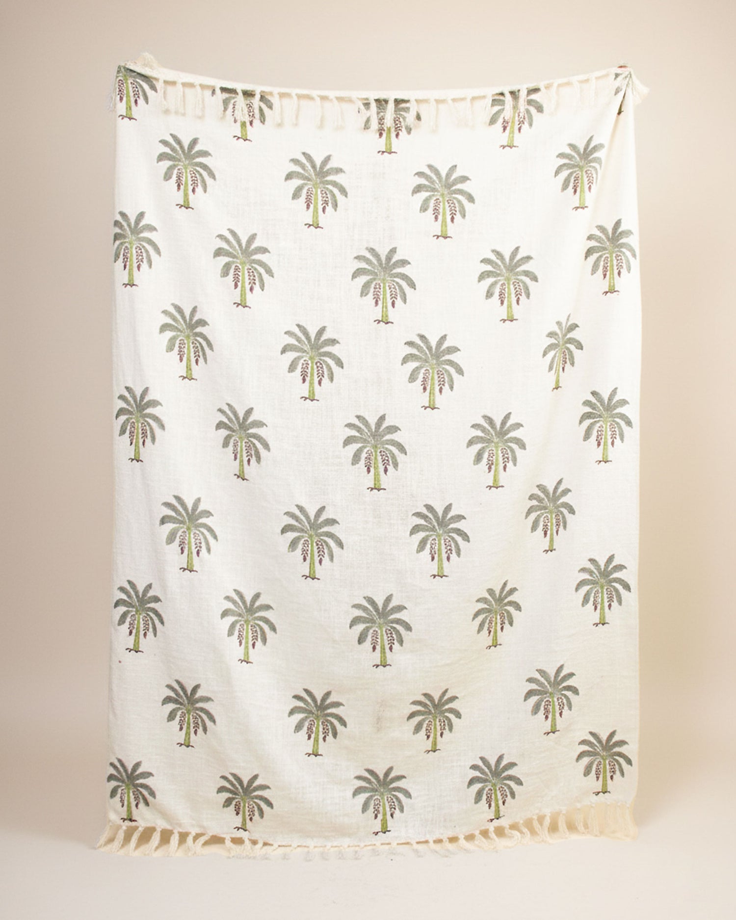 Palm Block Printed Cotton Throw Blanket Olive Green