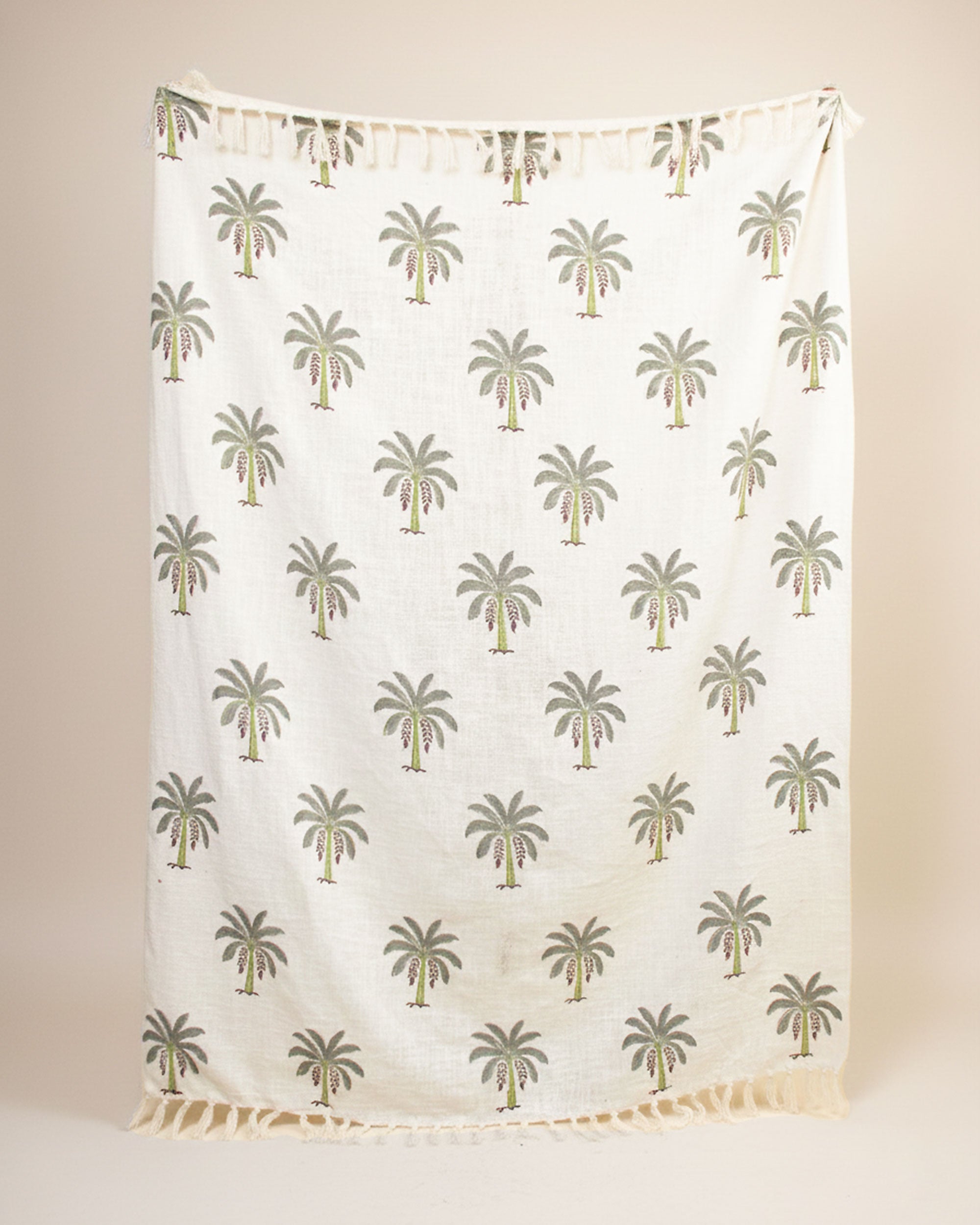 Palm Block Printed Cotton Throw Blanket Olive Green