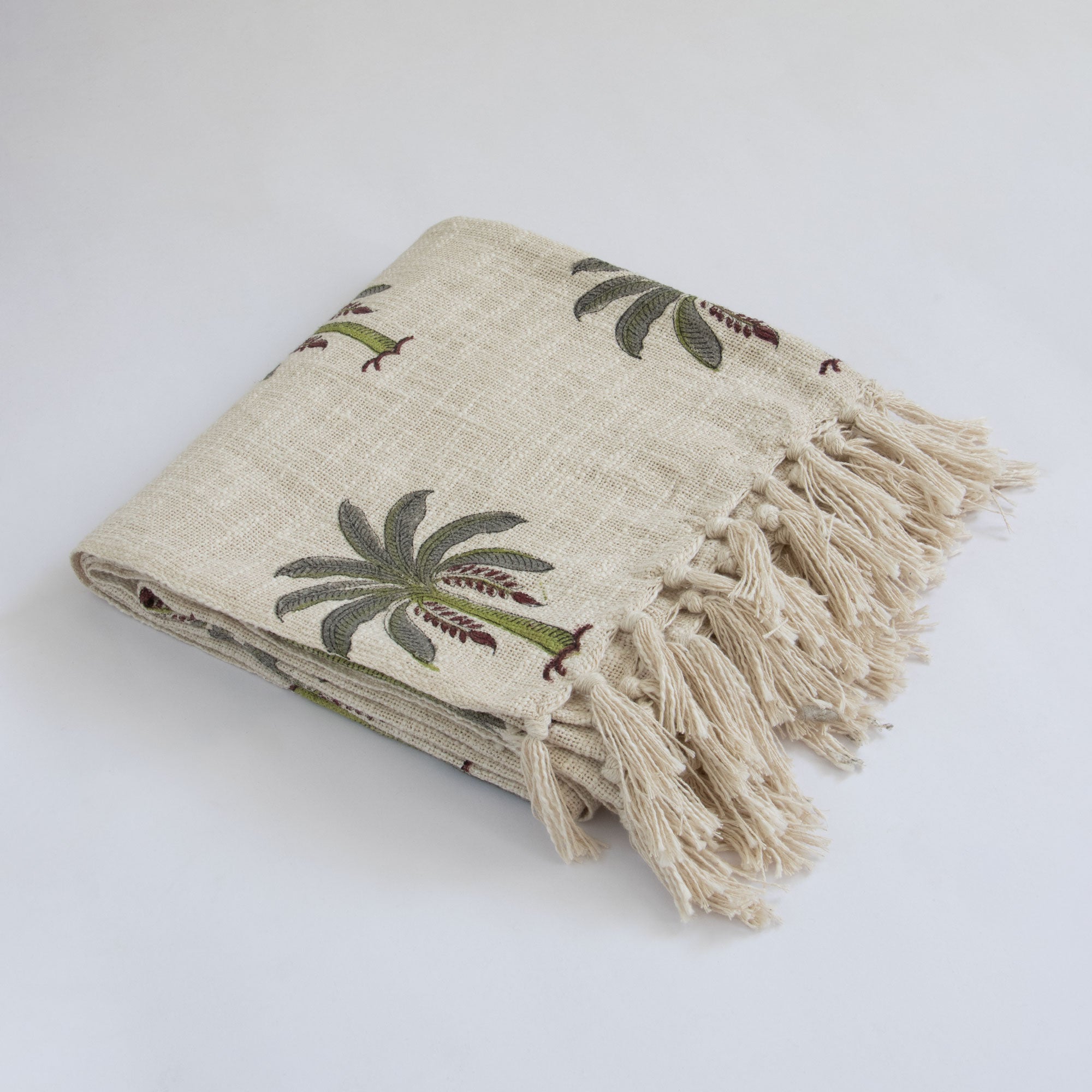 Palm Block Printed Cotton Throw Blanket Olive Green