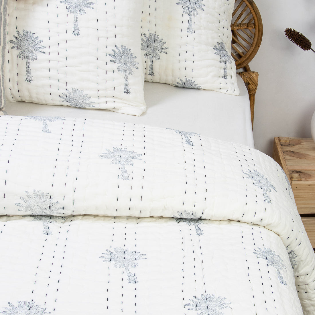 Palm Tree Hand Block Print Kanth Quilt Blanket