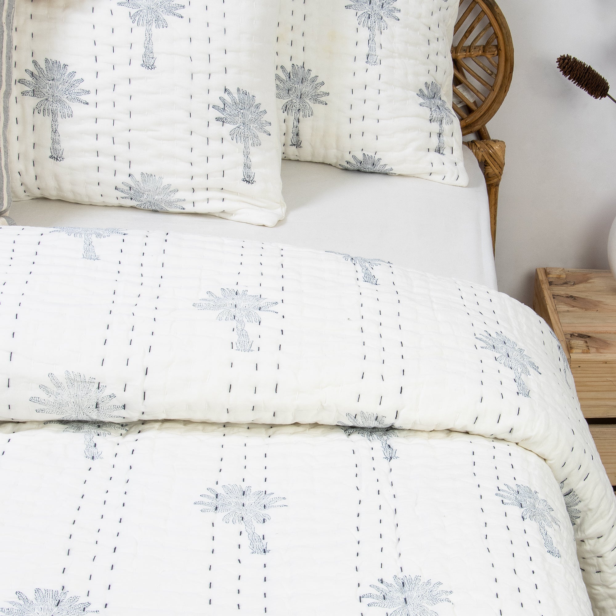 Palm Tree Hand Block Print Kanth Quilt Blanket