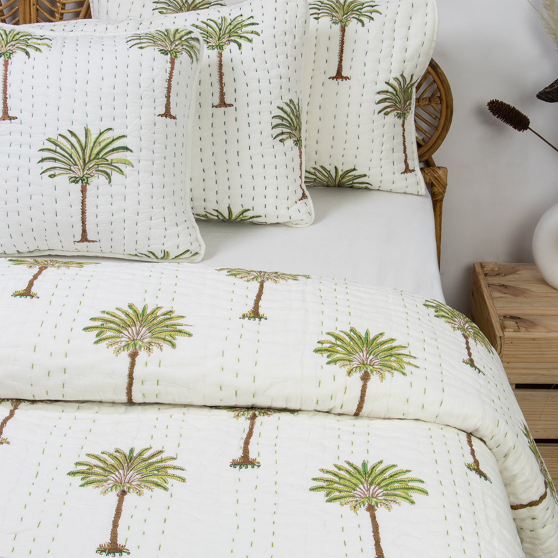 Palm Tree Print Handmade Cotton Winter Kantha Quilt Blanket