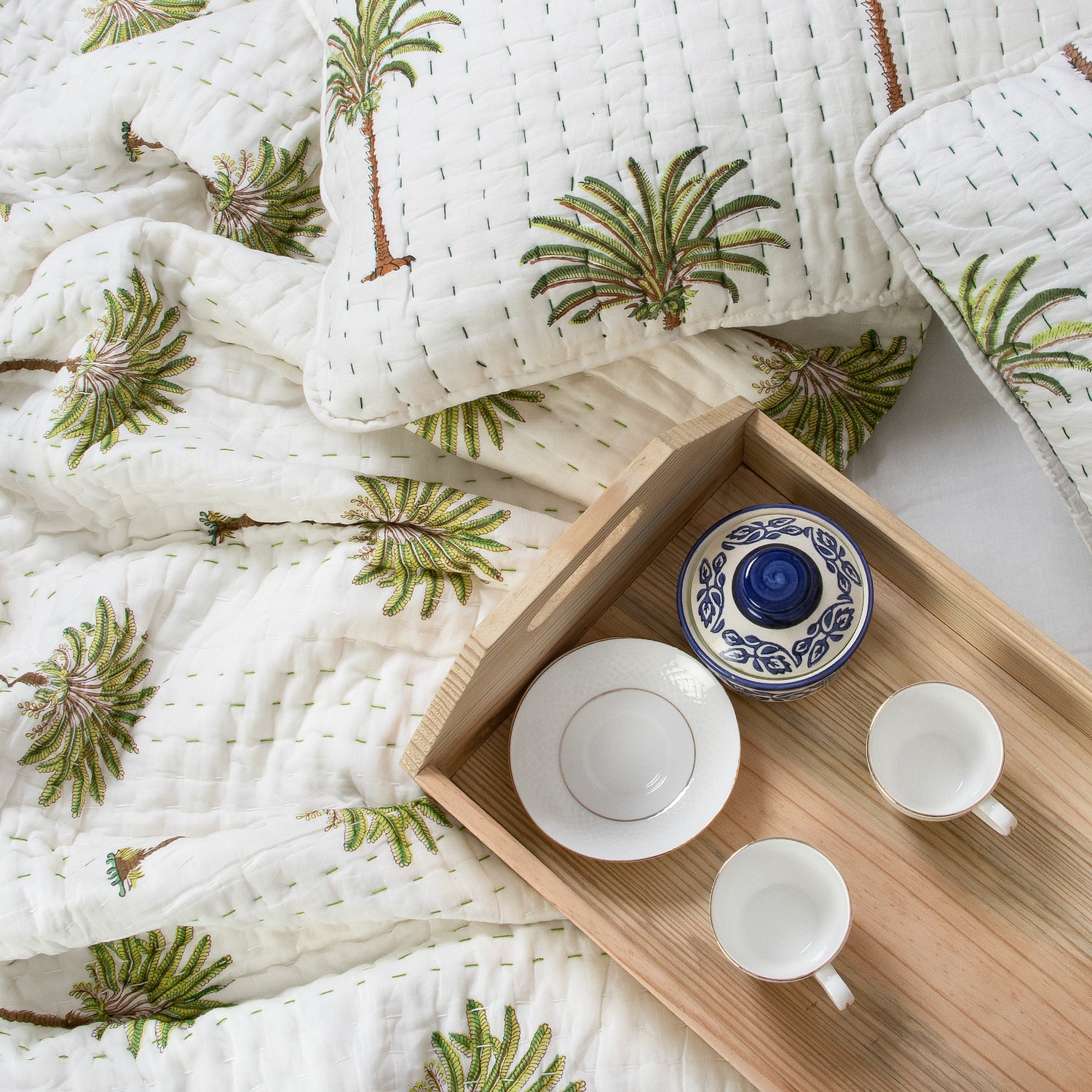 Palm Tree Print Handmade Cotton Winter Kantha Quilt Blanket