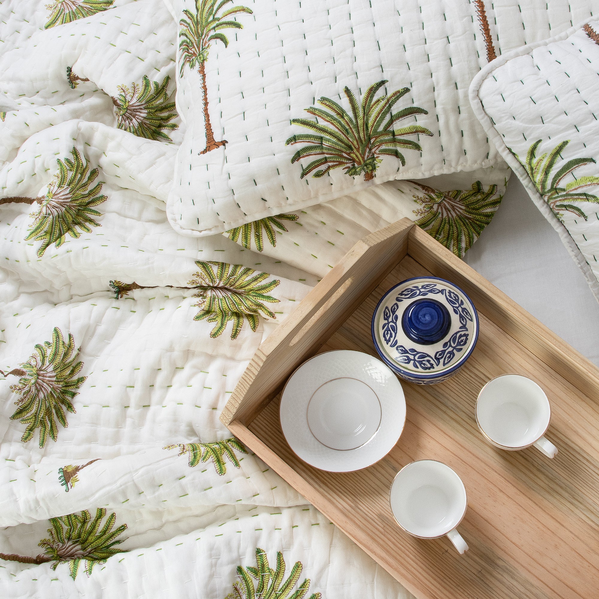 Palm Tree Print Handmade Cotton Winter Kantha Quilt Blanket