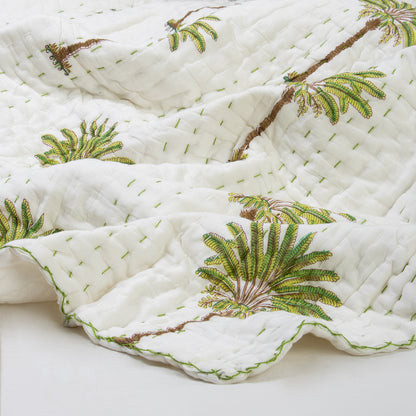 Palm Tree Print Handmade Cotton Winter Kantha Quilt Blanket