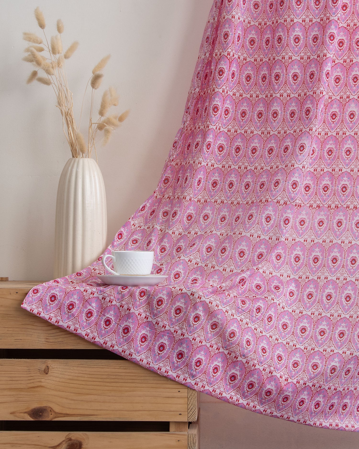Pink Block Printed Cotton Curtains for Livig Room