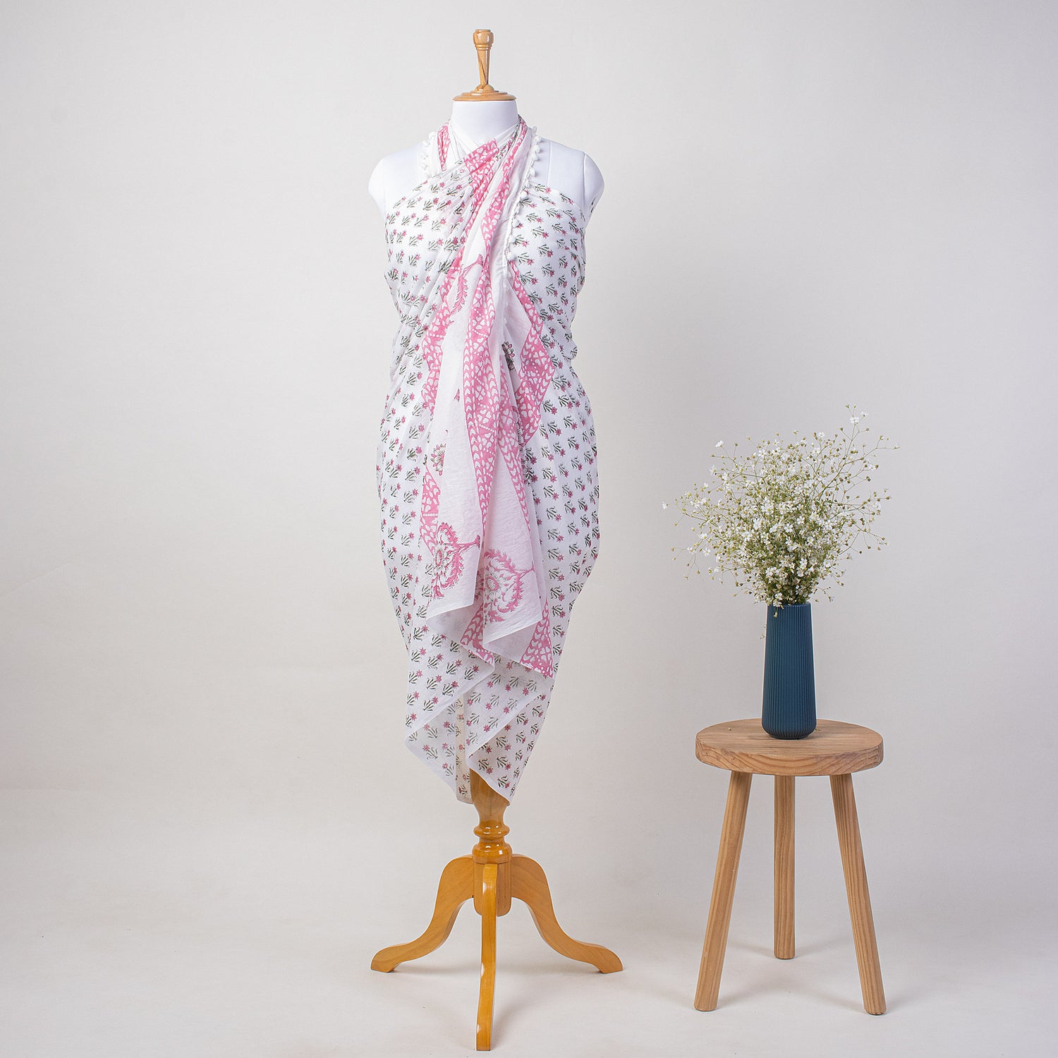 Pink Booti Hand Block Print Beach Sarong Wrap For Women