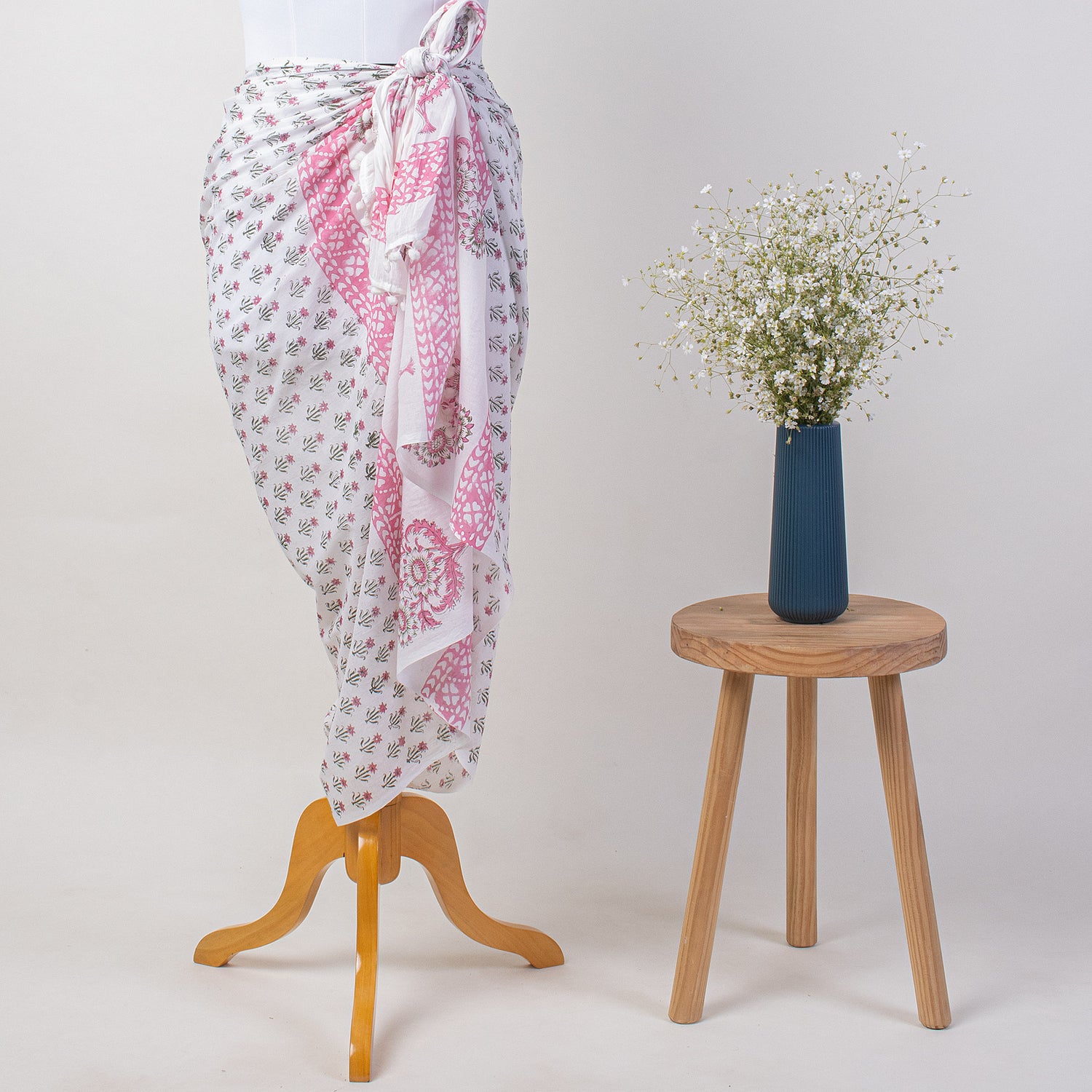 Pink Booti Hand Block Print Beach Sarong Wrap For Women