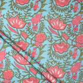 Pink Floral Hand Block Print Cotton Voile Fabric