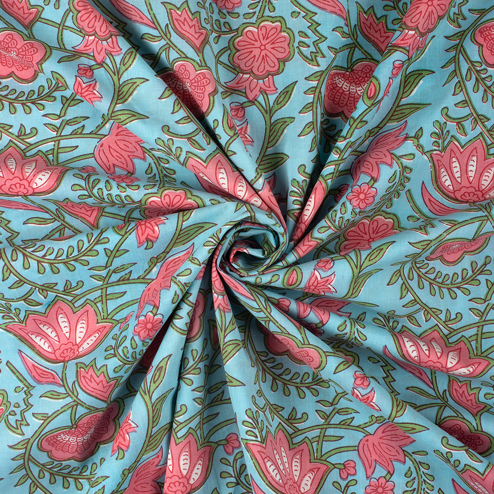 Pink Floral Hand Block Print Cotton Voile Fabric