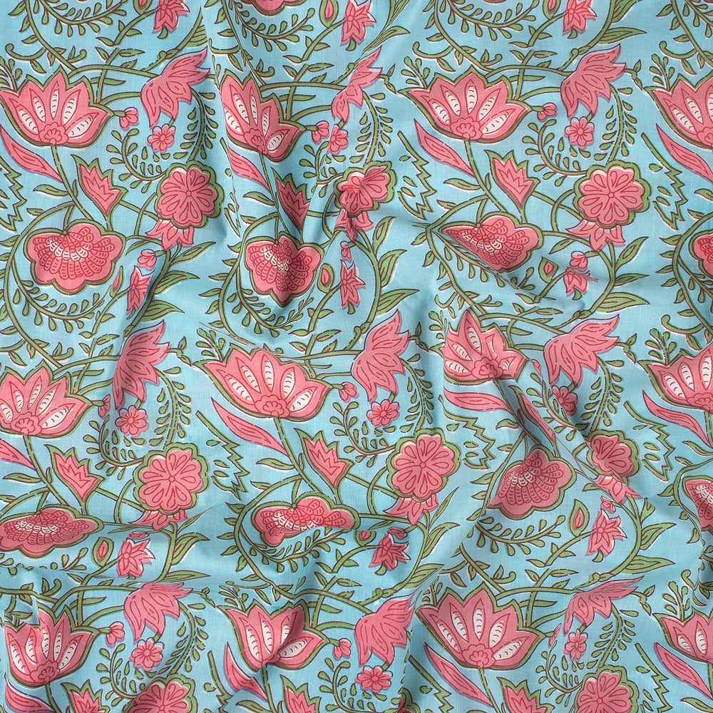 Pink Floral Hand Block Print Cotton Voile Fabric