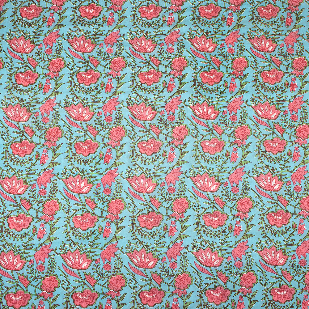 Pink Floral Hand Block Print Cotton Voile Fabric
