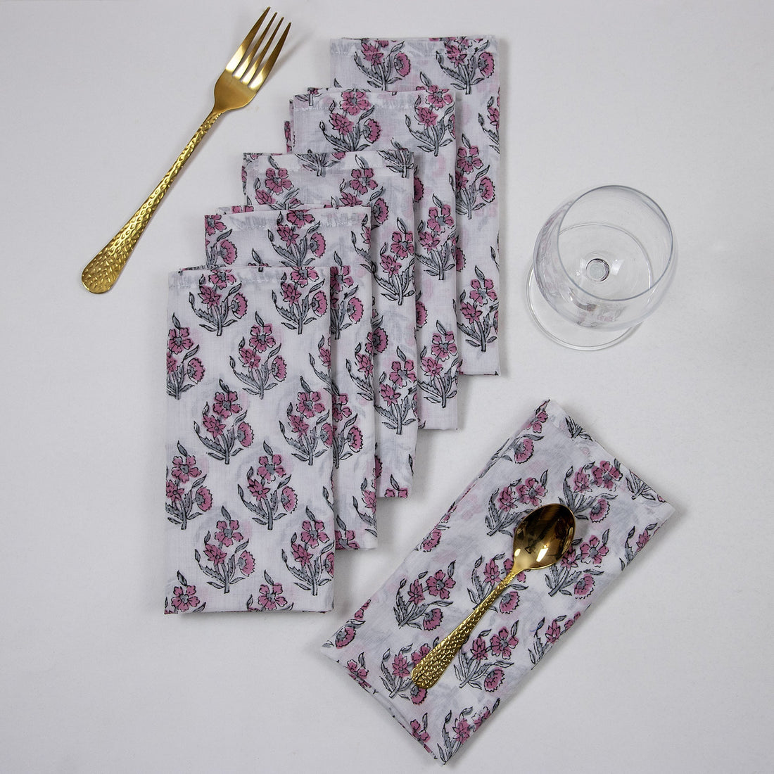 Pink Floral Indian Block Print Table Cloth Napkins
