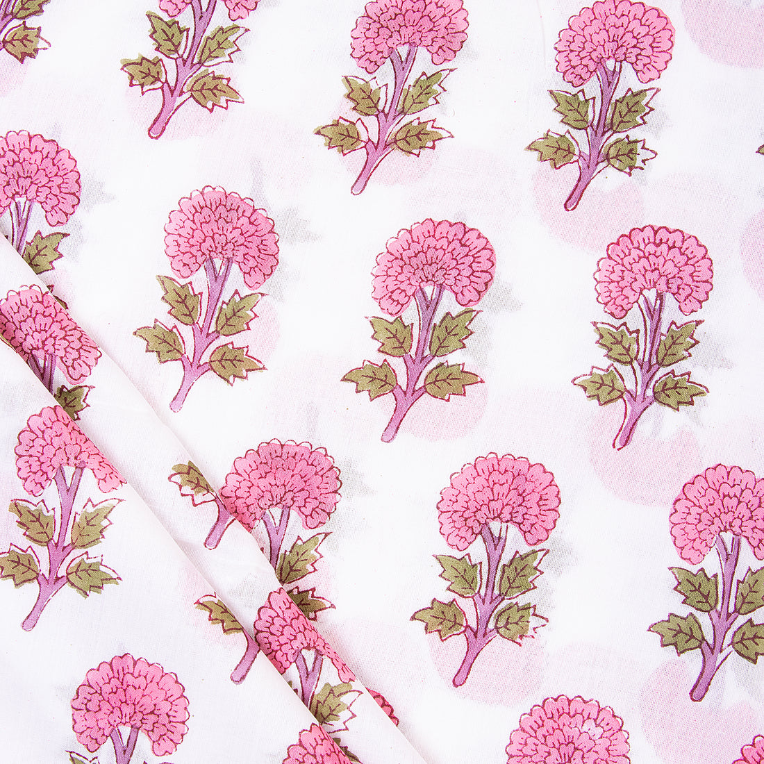 Pink Floral Indian Hand Block Printed Cotton Cloth Material