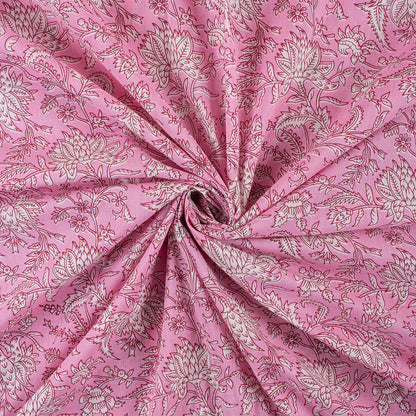 Pink Floral Indian Handmade Printed Cotton Material Fabric