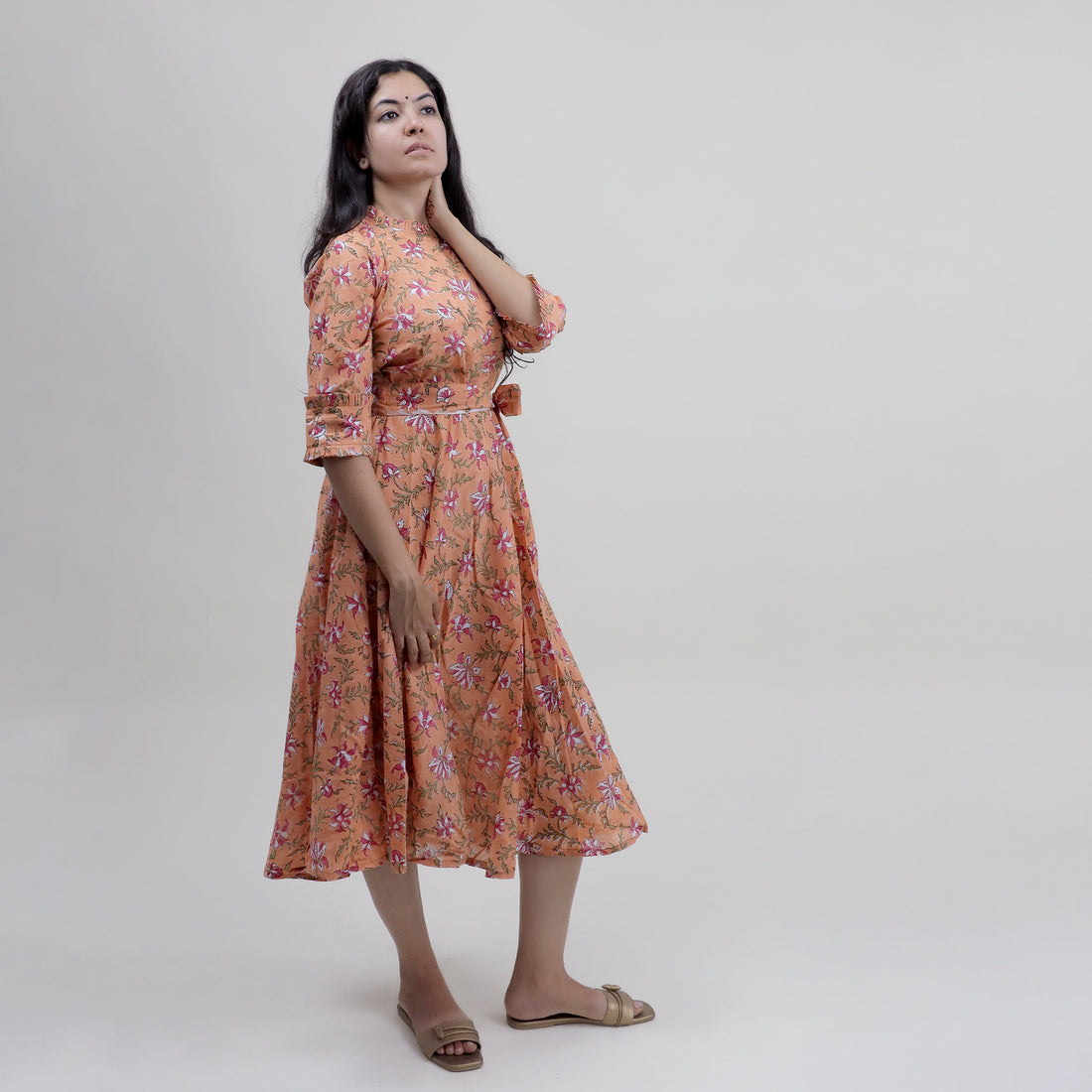 Pink Hand Block Floral Printed Cotton Midi Dress for Women