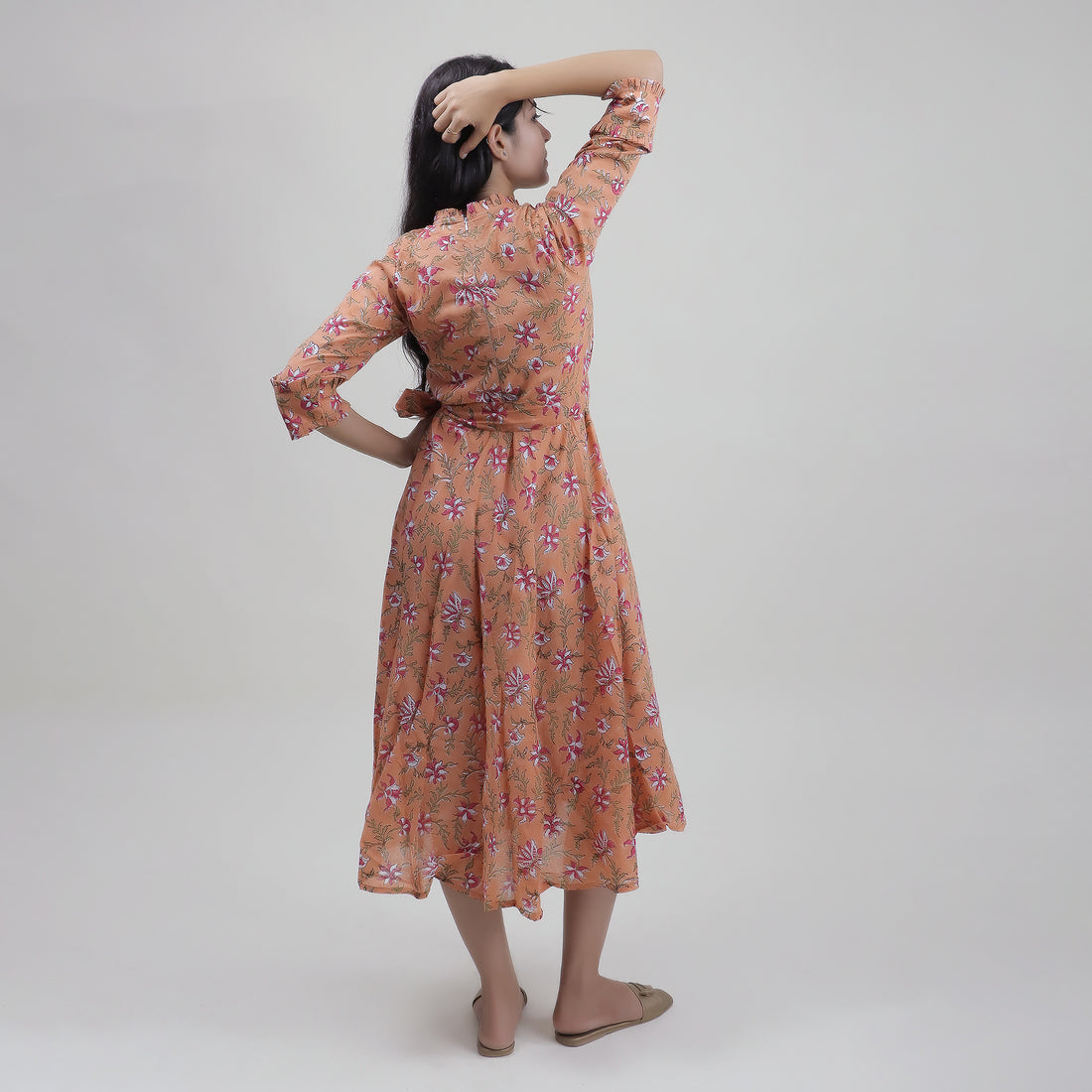 Pink Hand Block Floral Printed Cotton Midi Dress for Women