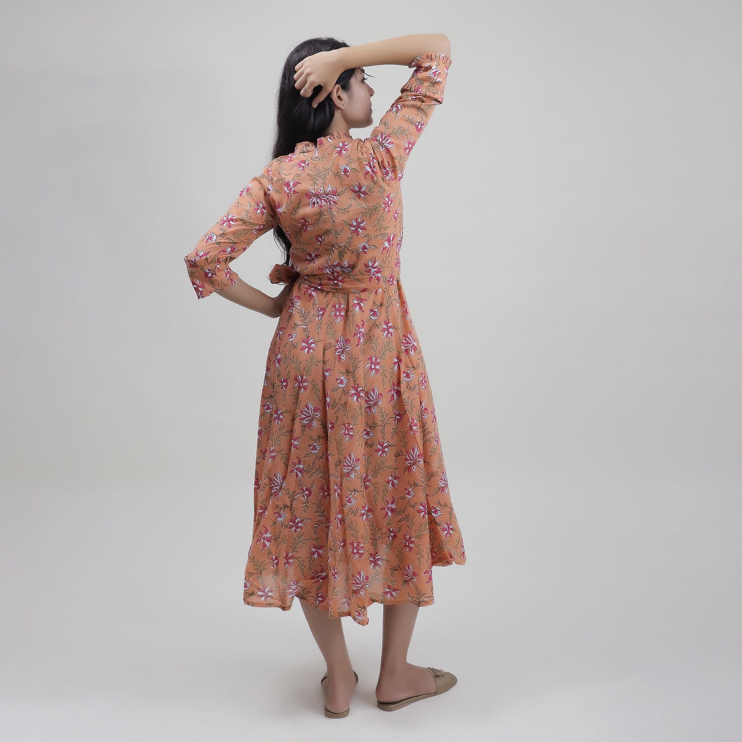 Pink Hand Block Floral Printed Cotton Midi Dress for Women