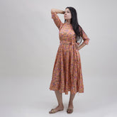 Pink Hand Block Floral Printed Cotton Midi Dress for Women