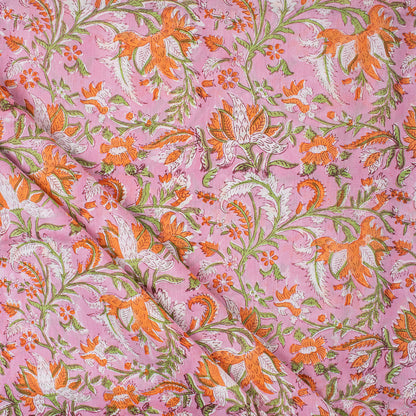 Pink Jaal Floral Block Printed Fabric India
