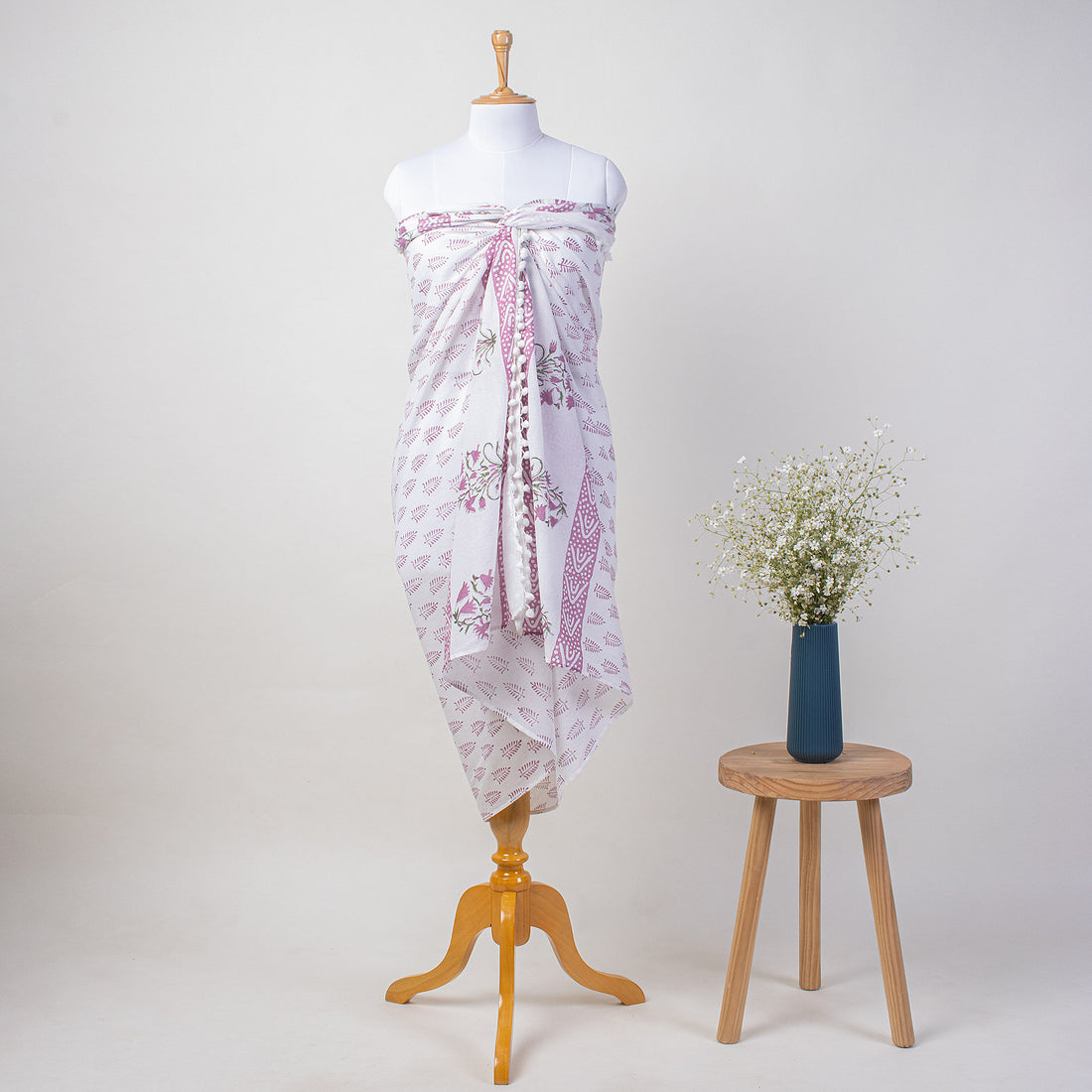 Pink Leaf Hand Block Print Beach Sarong Wrap For Women