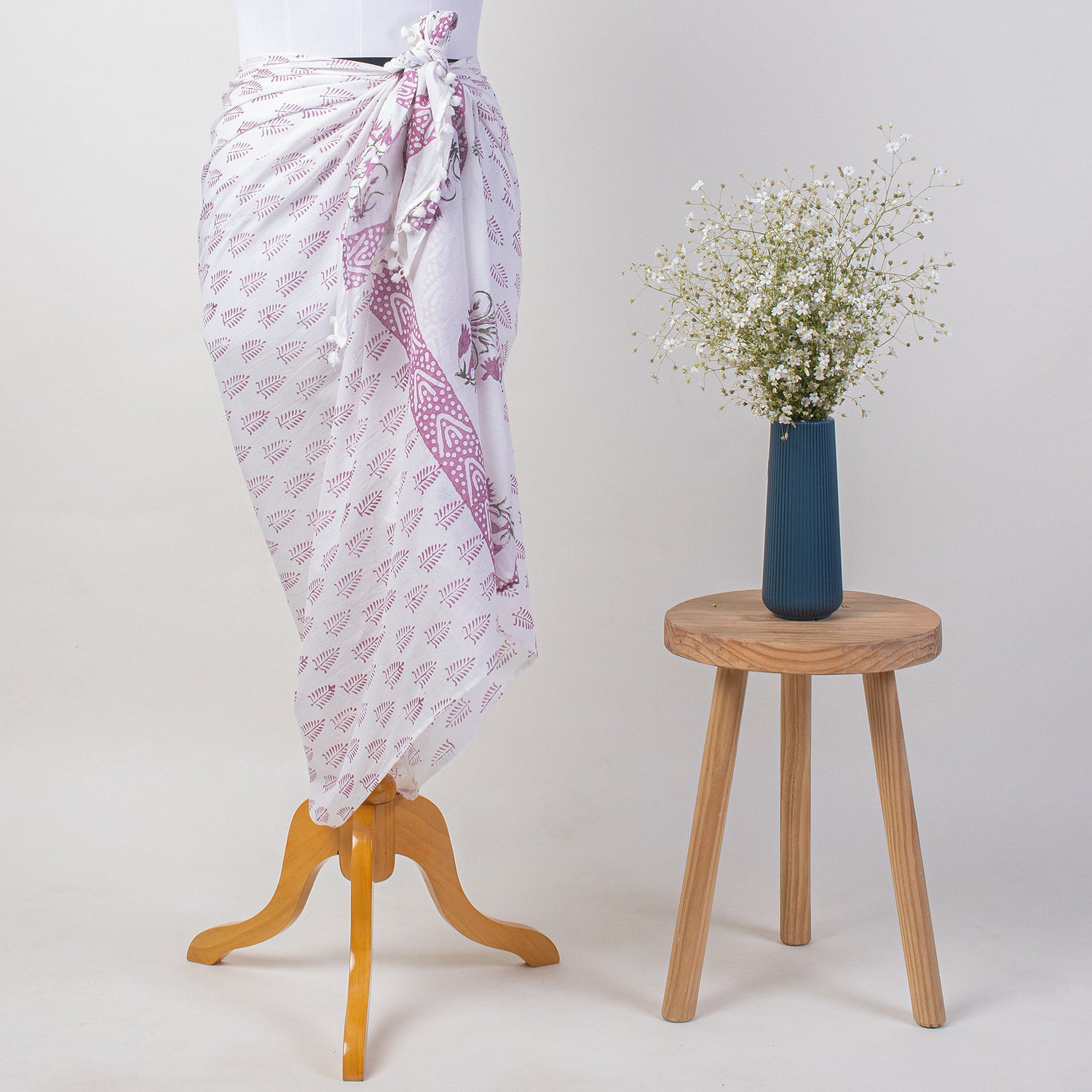 Pink Leaf Hand Block Print Beach Sarong Wrap For Women