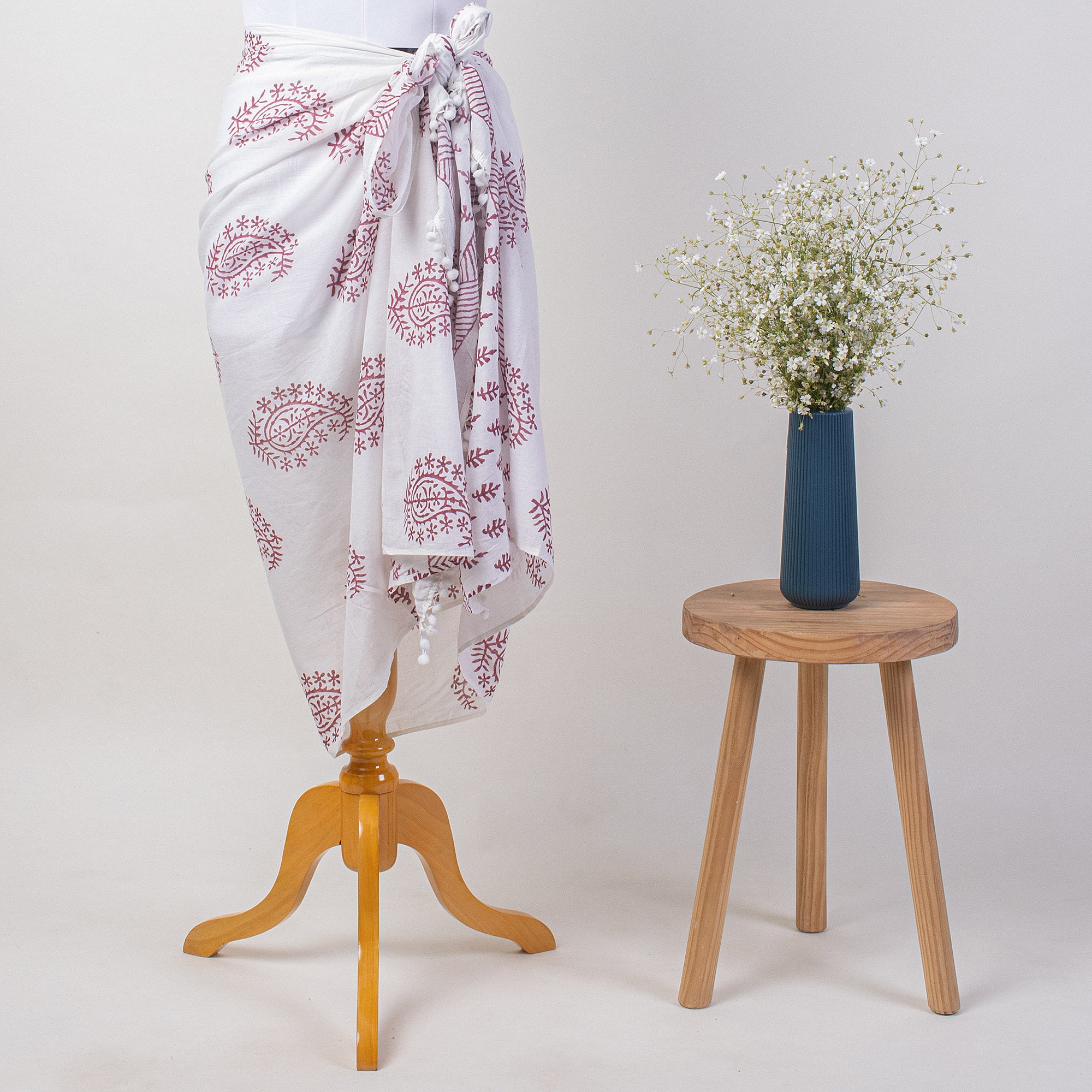 Pink Paisley Hand Block Print Cotton Sarong For Women