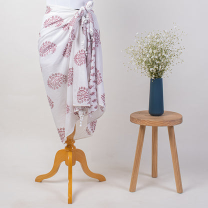 Pink Paisley Hand Block Print Cotton Sarong For Women