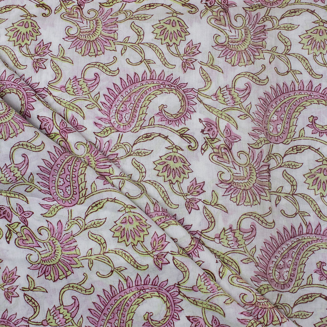 Pink Paisley Indian Hand Block Printed Cotton Fabric