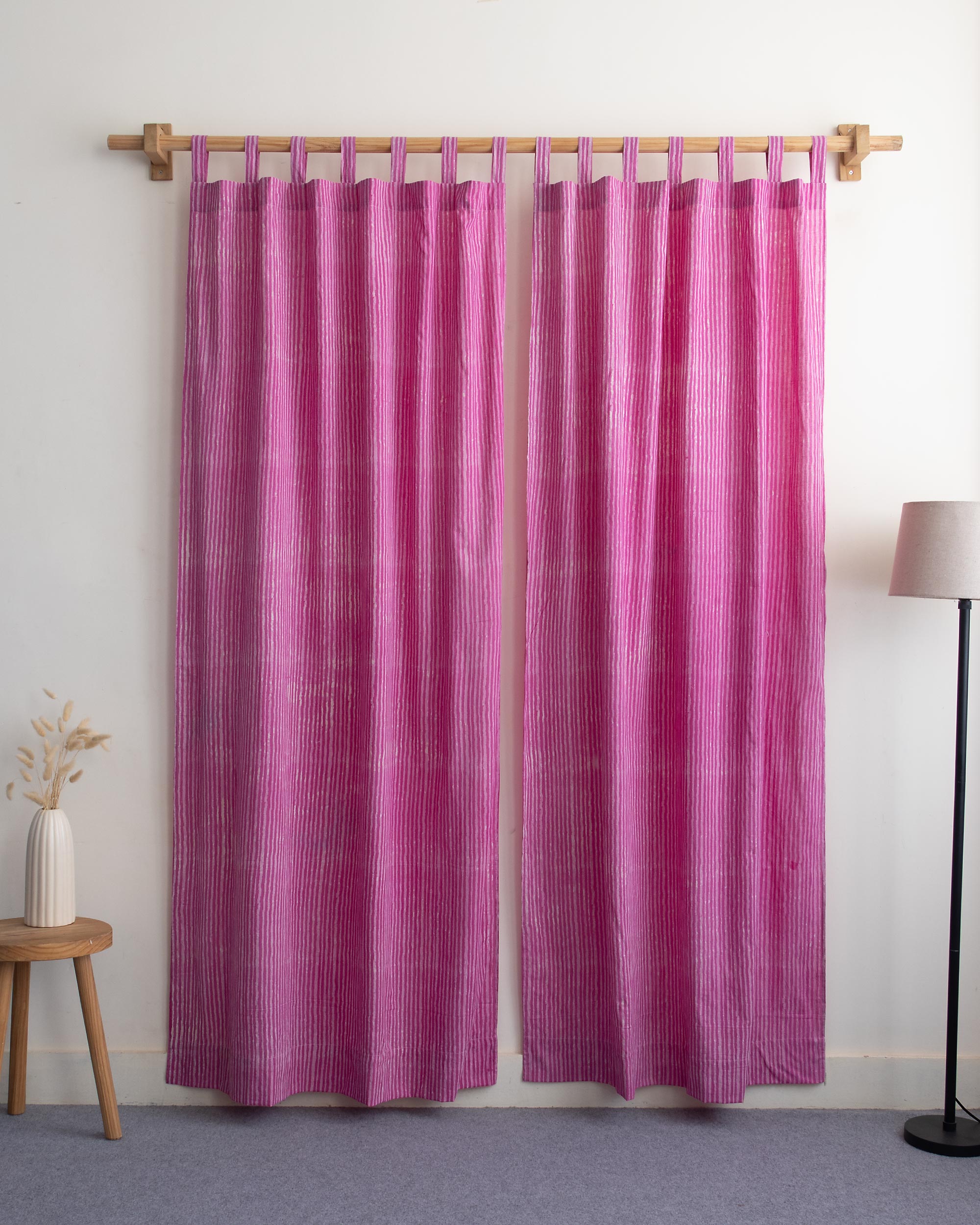 Pink Stripe Block Printed Cotton Curtains for Door