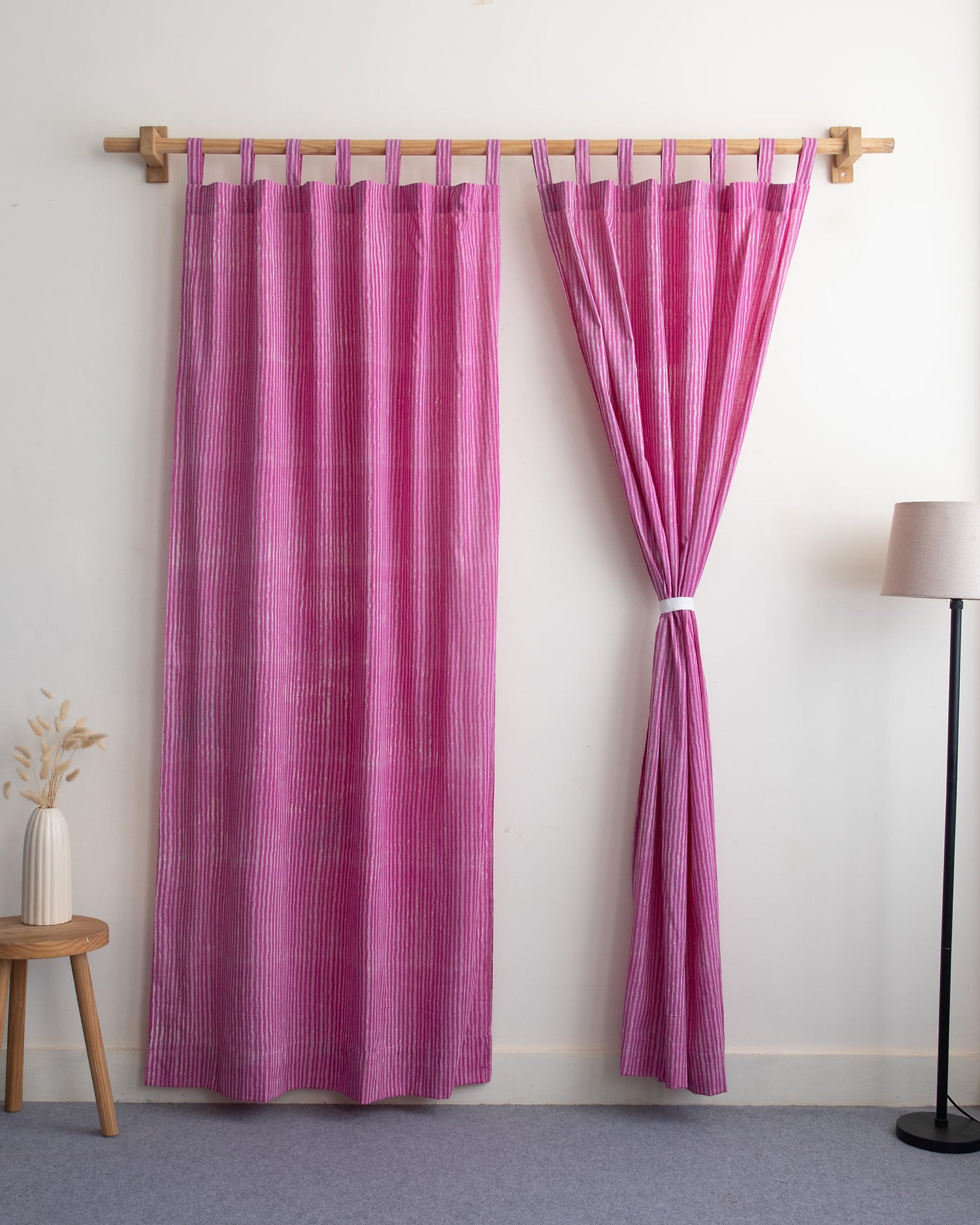 Pink Stripe Block Printed Cotton Curtains for Door